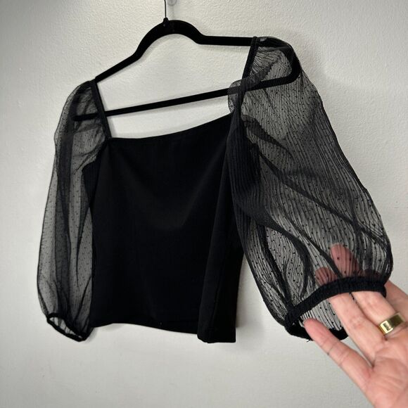 Socialite Black Square Neck Sheer Polka Dot Mesh Balloon Sleeve Crop Top M - Picture 4 of 12
